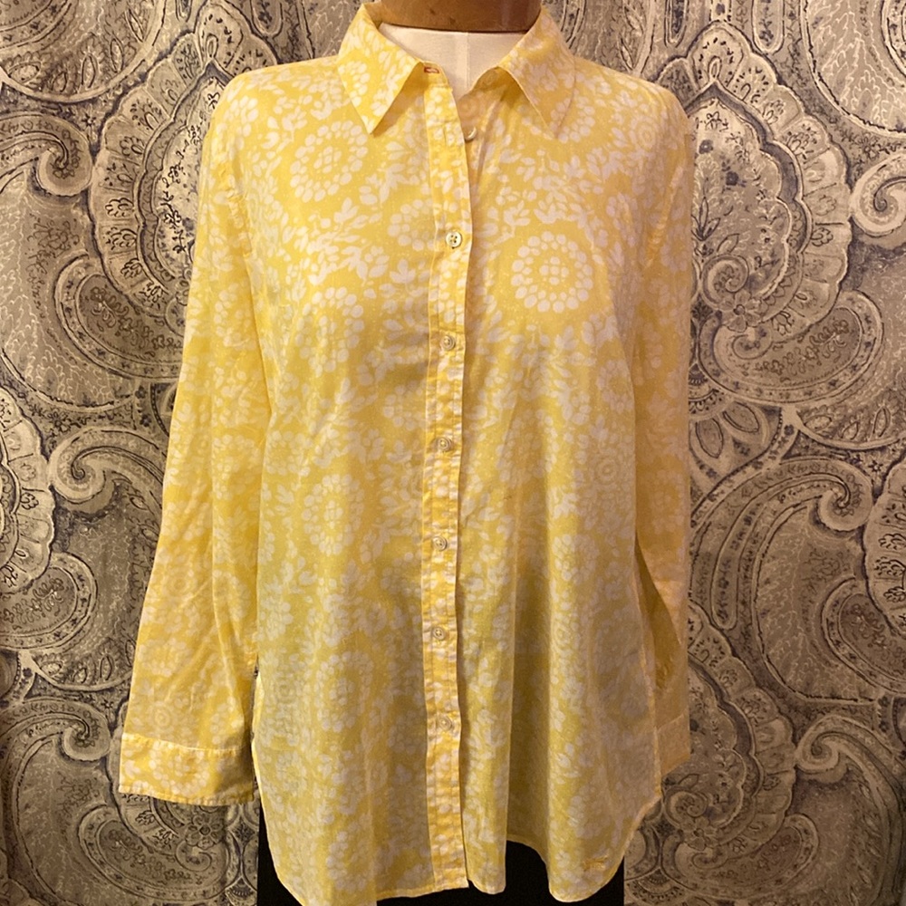 Talbots blouse yellow and white button up